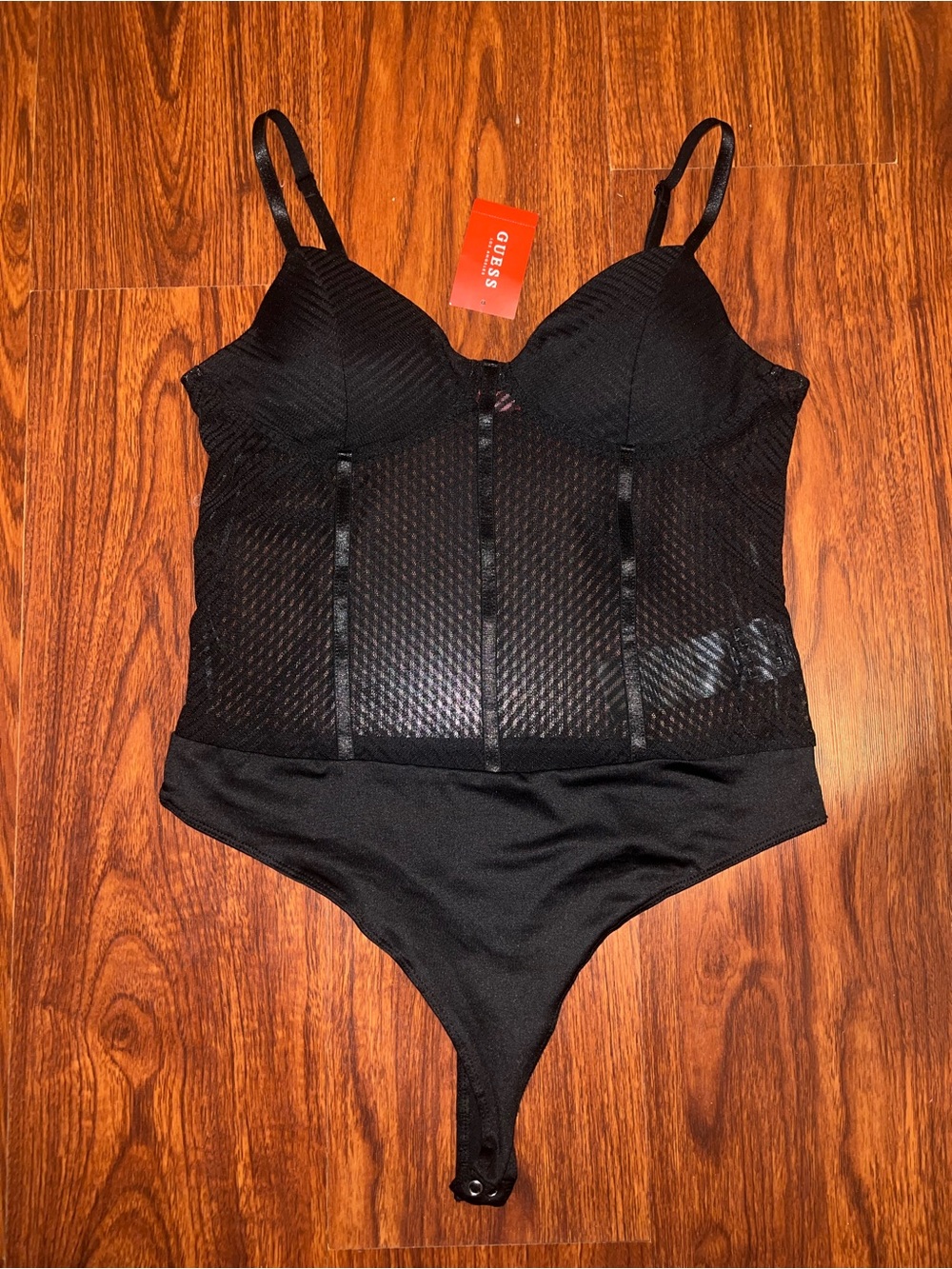 GUESS Black Mesh Corset-Style Bodysuit